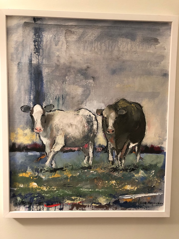 Två kor går på en grön äng. De verkar fridsamma och ser ut att må fint. 